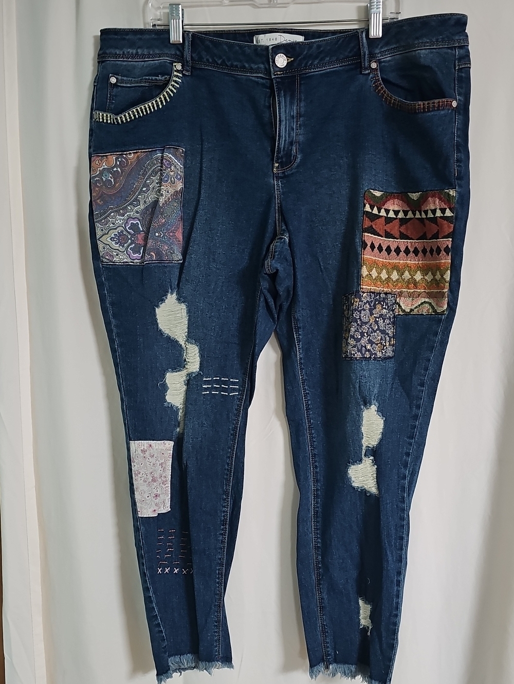 Distressed Women's Patchwork Dark Blue Jeans